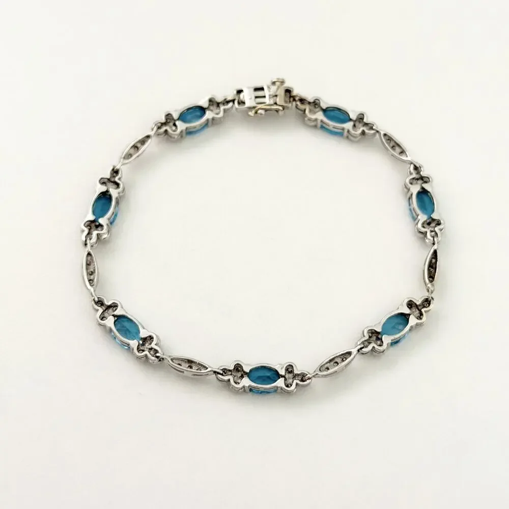 14K White Gold Blue Topaz & Diamond Bracelet
